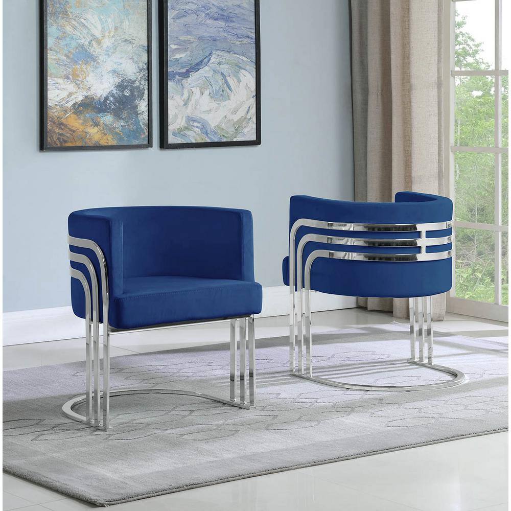 Sleek Navy Blue Velvet Barrel Accent Chair with Metal Base