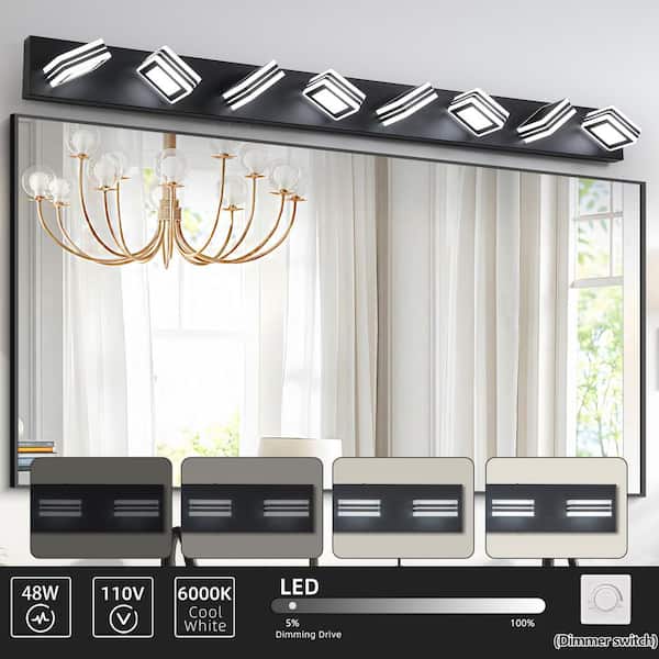 52 in. Modern Black 8-Light LED Vanity Light Bar with Square Acrylic Lampshades for Bathroom Mirror Lighting