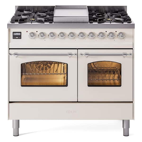 ILVE Nostalgie II 40 in. 6 Burner+Griddle Freestanding Double Oven Dual Fuel Range in Antique White with Chrome