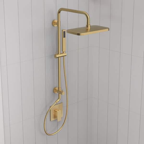 2-Spray Wall Mount Exposed Dual Fixed and Handheld Shower Head 2.5 GPM with Adjustable Height in Brushed Gold