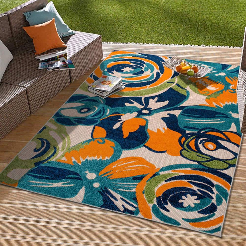 Modern Multi-Color Floral Synthetic Indoor/Outdoor Area Rug 8' x 10'