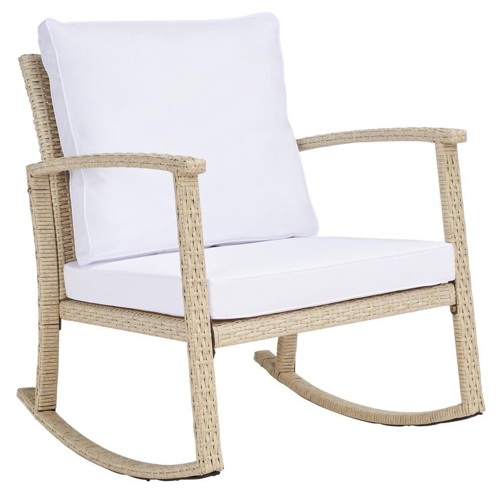 Beige and White Rattan Rocking Chair with Cushions