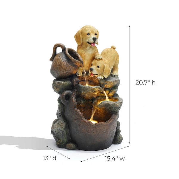 LuxenHome Puppy Friends Farmhouse Resin Outdoor Waterfall Fountain