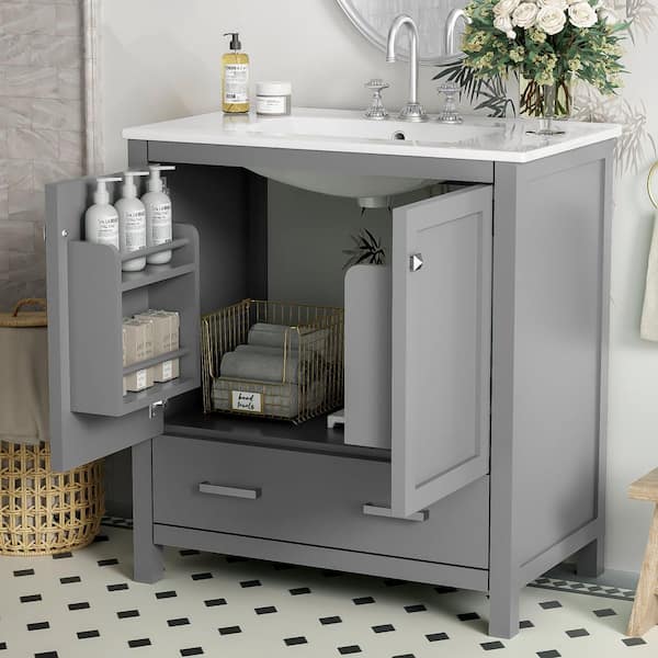 30 in. W Single Sink Freestanding Bath Vanity in Gray with White Ceramic Top