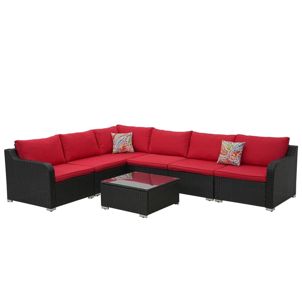 7-Piece Black Wicker Stainless Steel Outdoor Patio Sectional Sofa Set All W