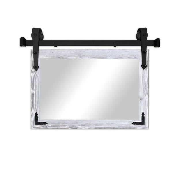 (33 in. W x 42 in. H) Distressed White Vertical Mirror with Steel Barn Door Track and Metal Corner Brackets
