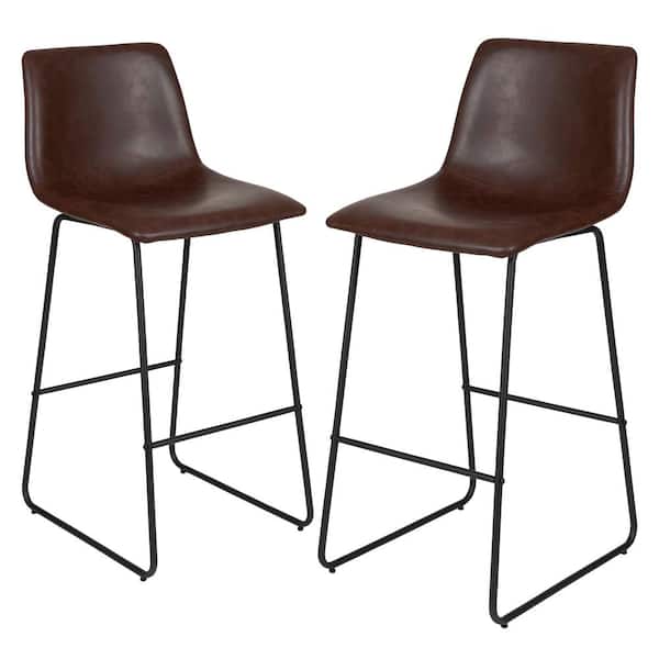 Carnegy Avenue Dark Brown Reagan 30 in. Leather Soft Barstools with Footrest, Modern Bucket Style Bar Height Stools (Set of 2)
