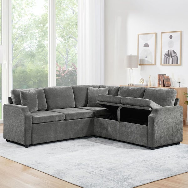81.9 in. L-shaped Chenille Sectional Sofa in Gray with Pull-out Sofa Bed and Hidden Storage Compartment