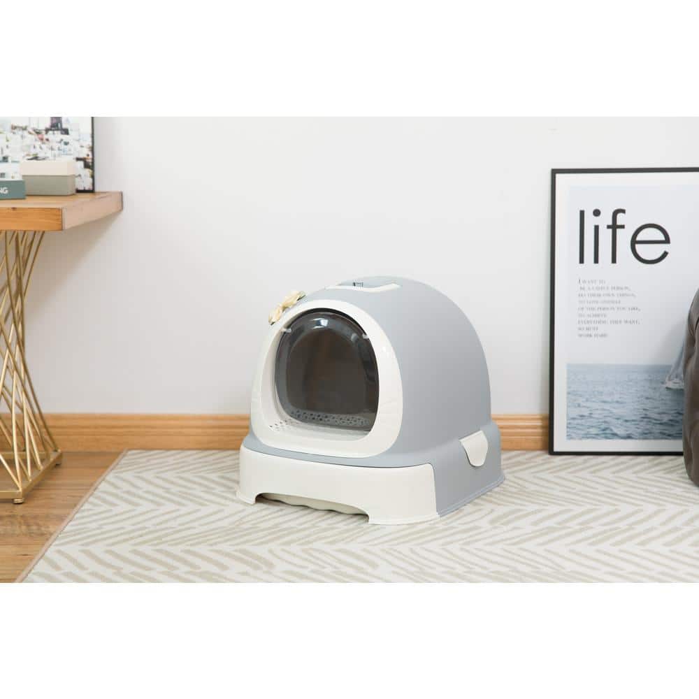 Gray and White Fully Enclosed Hooded Litter Pan with Front Entry