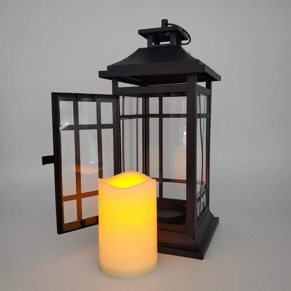 14" Black Metal Lantern with Amber LED Candle