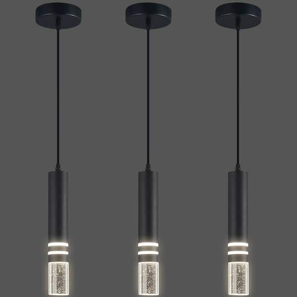Home Lighting 6W 1-Light Black Modern Crystal Integrated LED Pendant Light Over Sink for Kitchen Island, 3Pack