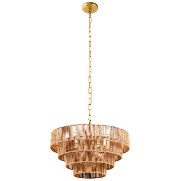 Briignite 6-Light Hand-Woven Rattan Chandelier, Boho Brown Large Farmhouse Pendant Light with 4-Tier Shade for Living Room