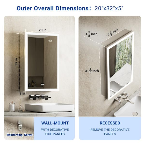 Elega 20 in. W x 32 in. H Right Rectangular Aluminum Recessed/Wall Mount Fogless Lighted Medicine Cabinet with Mirror