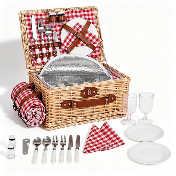 Vintage Classic 1-Piece Red Check Wicker Picnic Basket Set with Insulated Cooler Compartment and Waterproof Blanket