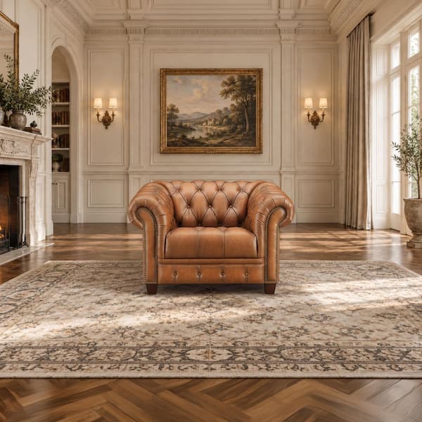 York Saddle Brown 100% Leather Tufted Arm Chair with Roll Arms, Memory Foam, Pocket Coils, and Down