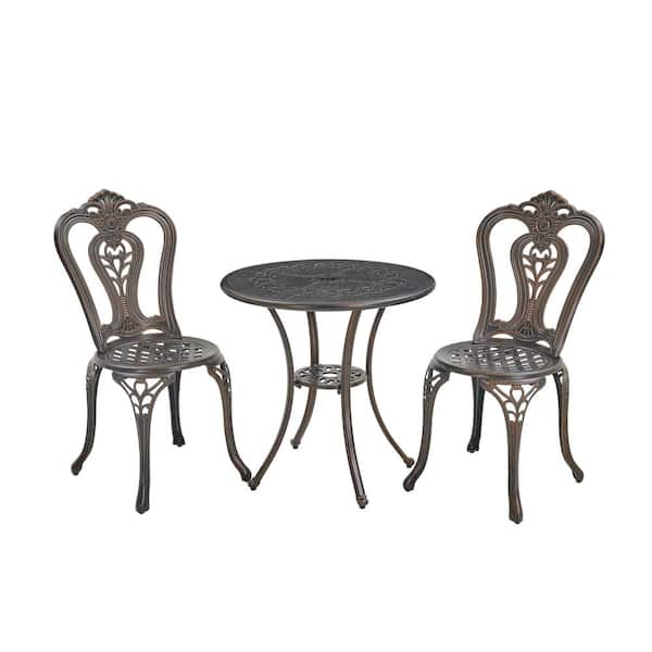 Kadehome Bronze Frame 3-Piece Cast Aluminum Round Table with Umbrella Hole Bar Height Outdoor Bistro Set
