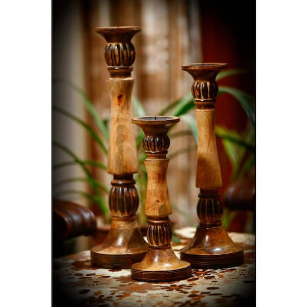 Benzara Brown Mango Wood Vintage Style Candleholder Candlestick