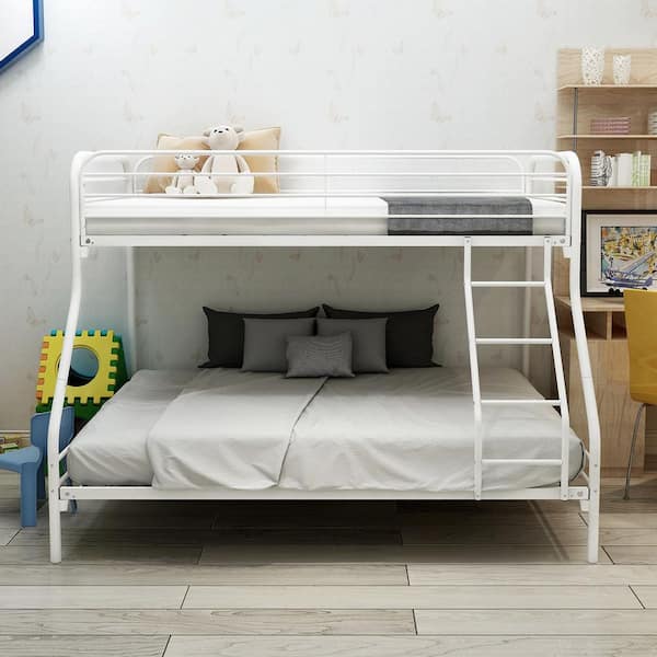 White Metal Twin Size Bunk Bed with Heavy Duty Space Saving with Guardrail No Box Spring Needed