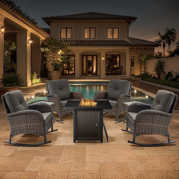 Brown 7-Piece Wicker Patio Fire Pit Set, Outdoor 4-Person Seating Set with Olefin Gray Cushions and Rocking Chairs