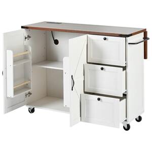 Glamorous Farmhouse White Wood 55 in. W Power Outlet Drop Leaf Kitchen Island with Internal Storage Rack nd Spice Rack