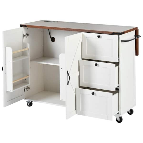 Cesicia Glamorous Farmhouse White Wood 55 in. W Power Outlet Drop Leaf Kitchen Island with Internal Storage Rack nd Spice Rack
