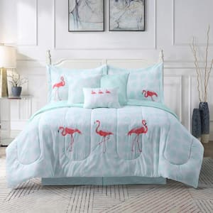 Let's Flamingo Embroidered Mint Microfiber 7-Piece Comforter Set Queen