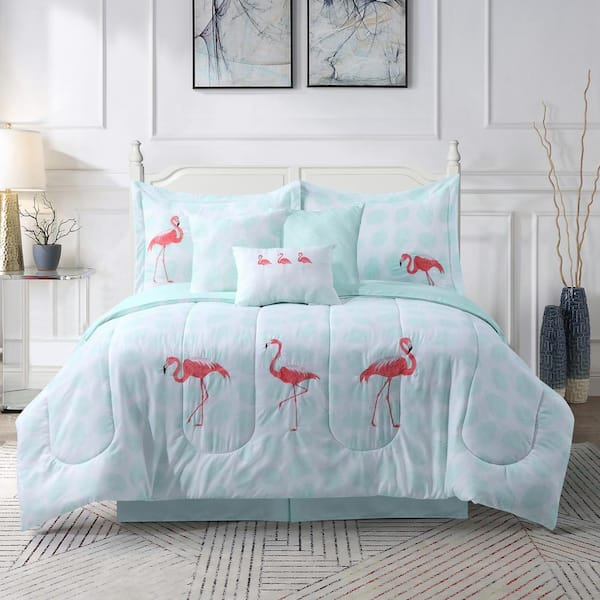 Harper Lane Let's Flamingo Embroidered Mint Microfiber 7-Piece Comforter Set Queen