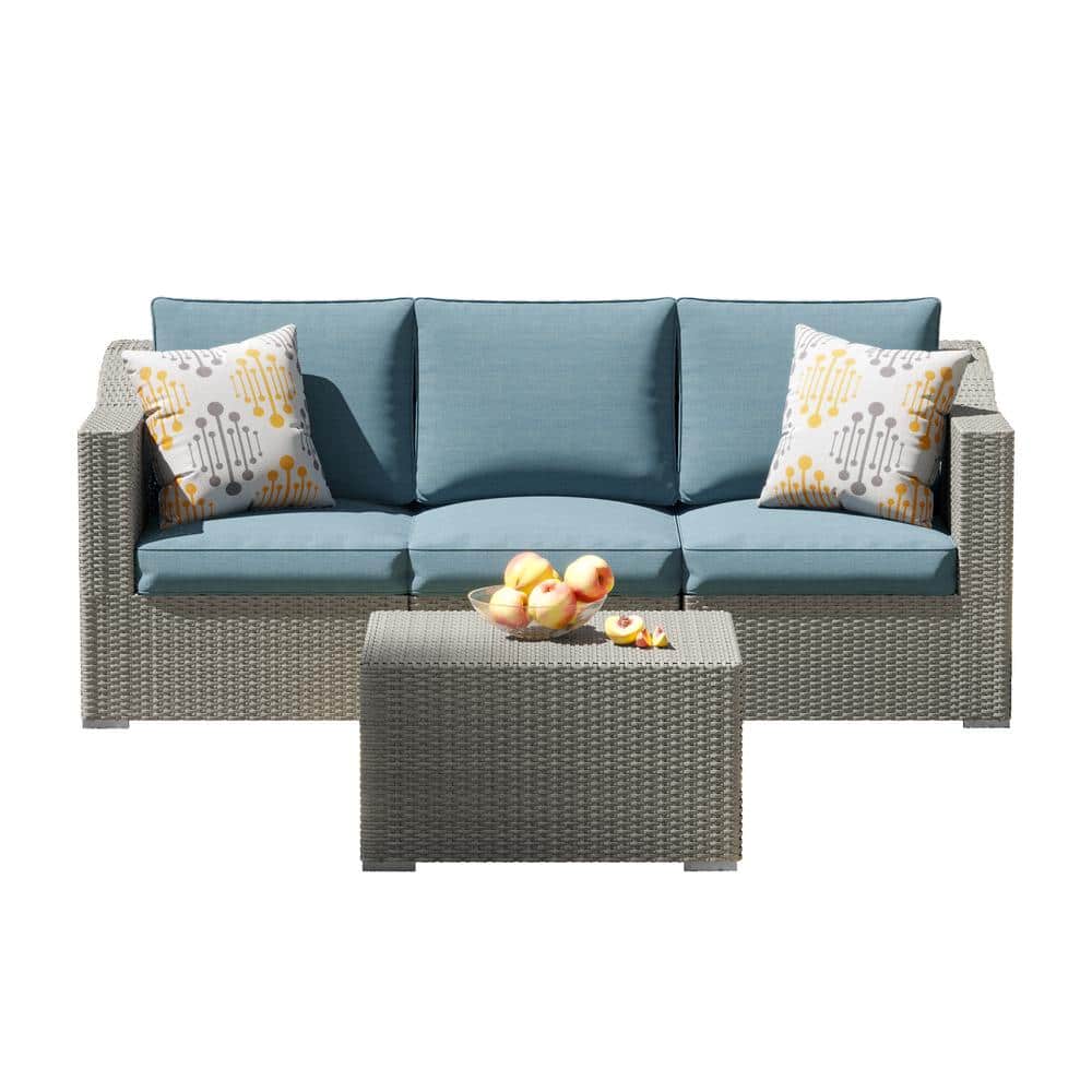 Corvus 3-Person Grey Wicker Sofa Set with Blue Cushions