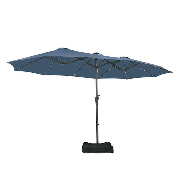 15 ft. Steel Market Solar Patio Umbrella Double-Side with LED Light in Navy Blue with Base