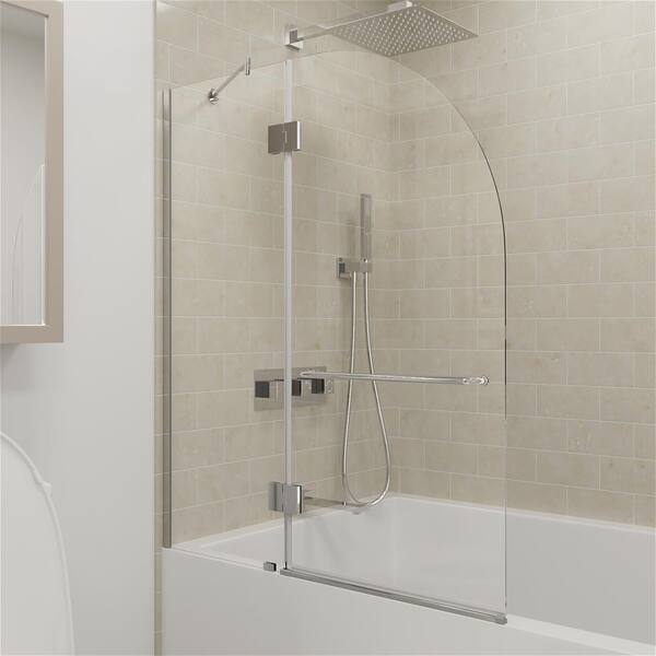 INSTER VENUS 48 in. W x 58 in. H Pivot Frameless Tub Door in Chrome Hinges with Clear Glass (Include Fixed Panel)