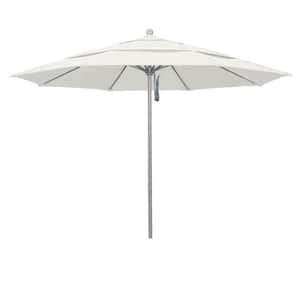 11 ft. Gray Woodgrain Aluminum Commercial Market Patio Umbrella Fiberglass Ribs and Pulley Lift in Natural Sunbrella
