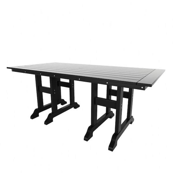Hayes 71 in. All Weather HDPE Plastic Outdoor Dining Rectangle Trestle Table with Umbrella Hole in Black
