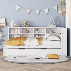 White Full Size Wood Daybed with Twin Size Trundle, Storage Shelf and USB Charging Ports
