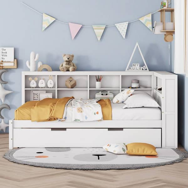 Harper & Bright Designs White Full Size Wood Daybed with Twin Size Trundle, Storage Shelf and USB Charging Ports
