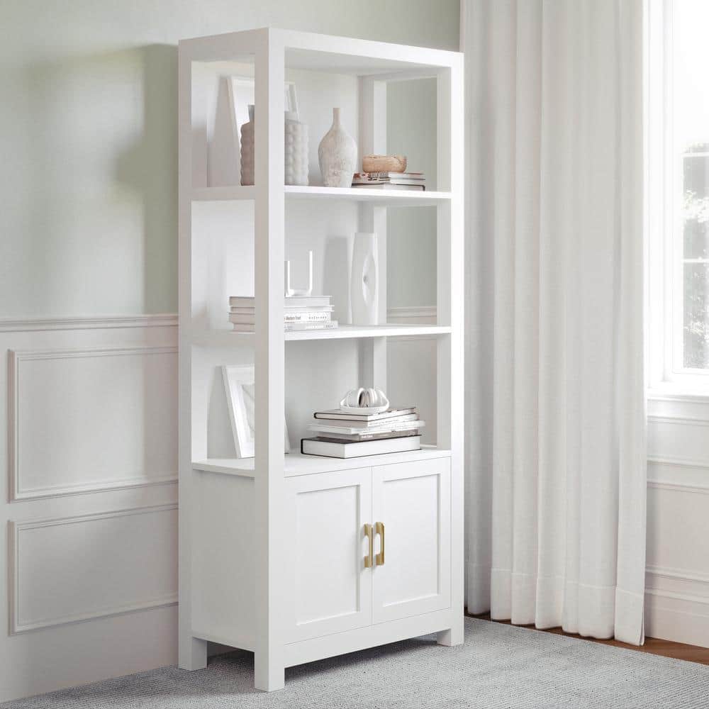 White 68" Wood Shaker Bookcase with Brass Hardware