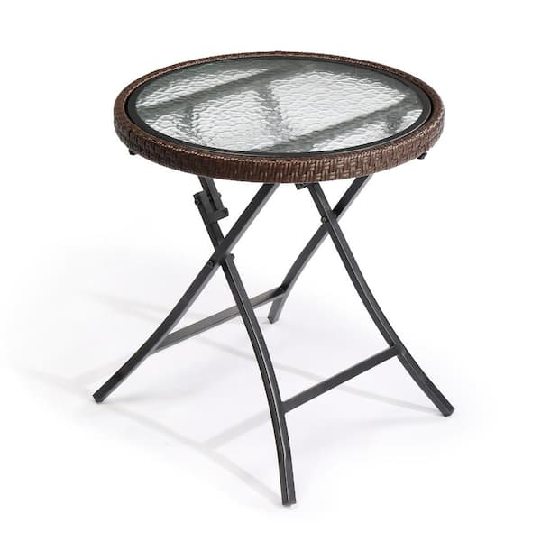 Brown Round Rattan Foldable Outdoor Side Table with Tempered Glass Top