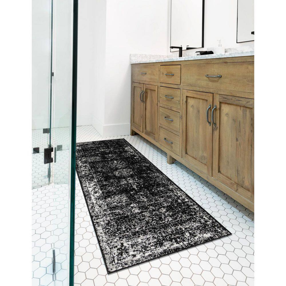 Chic Black Synthetic Indoor Runner Rug, Easy-Care and Stain-Resistant