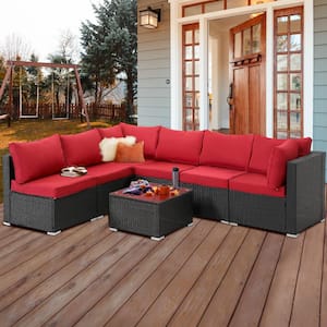 7-Pieces Black PE Rattan Wicker All Weather Patio Furniture Sectional Set Outdoor Conversation Sets with Red Cushions