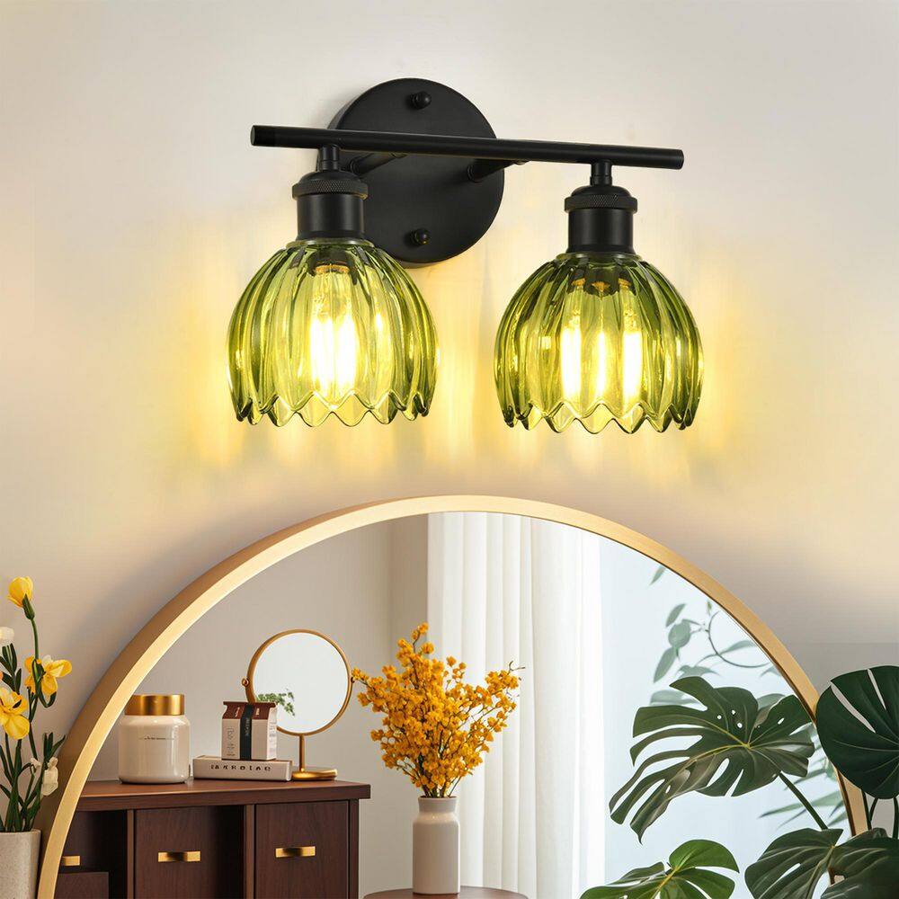 12.2 in. 2-Light Modern Black Bathroom Vanity Light with Green Tulip Glass Shade price history on PriceWatchPro