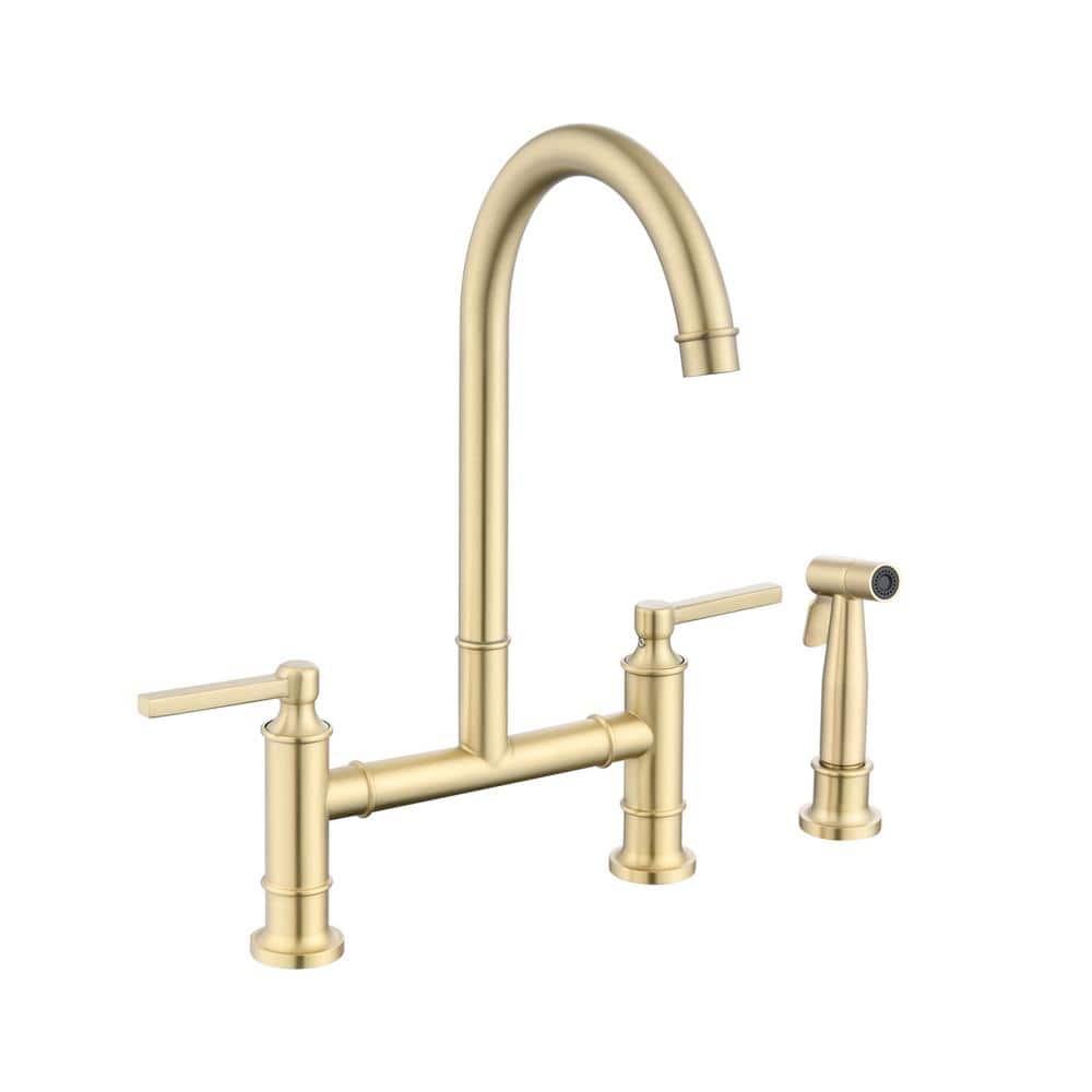 Brushed Gold Stainless Steel Double Handle Bridge Kitchen Faucet