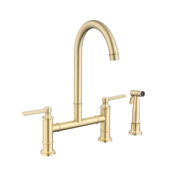 Satico Double Handle Bridge Kitchen Faucet in Brushed Gold