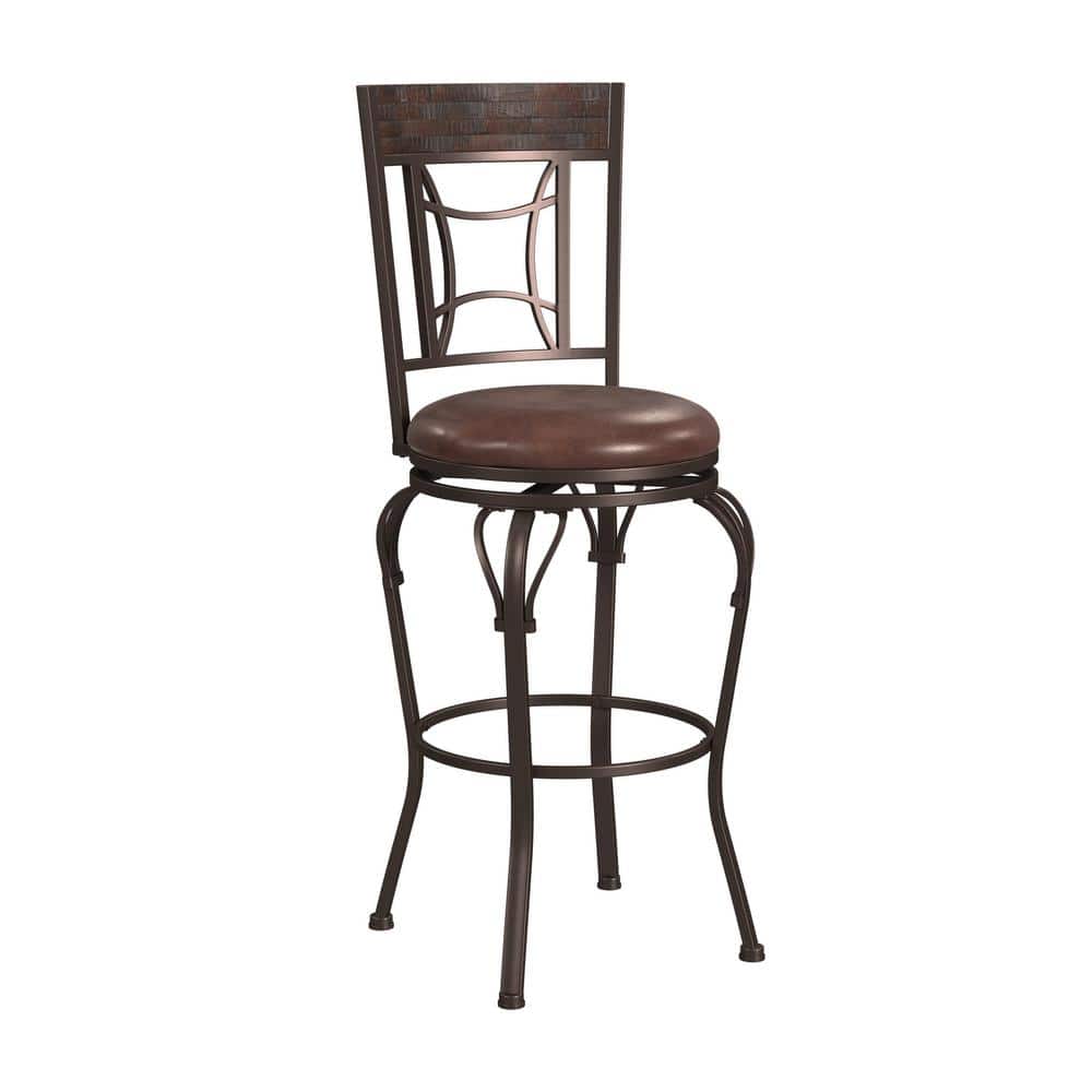 Traditional Dark Chestnut Swivel Bar Stool with Antique Brown Leather