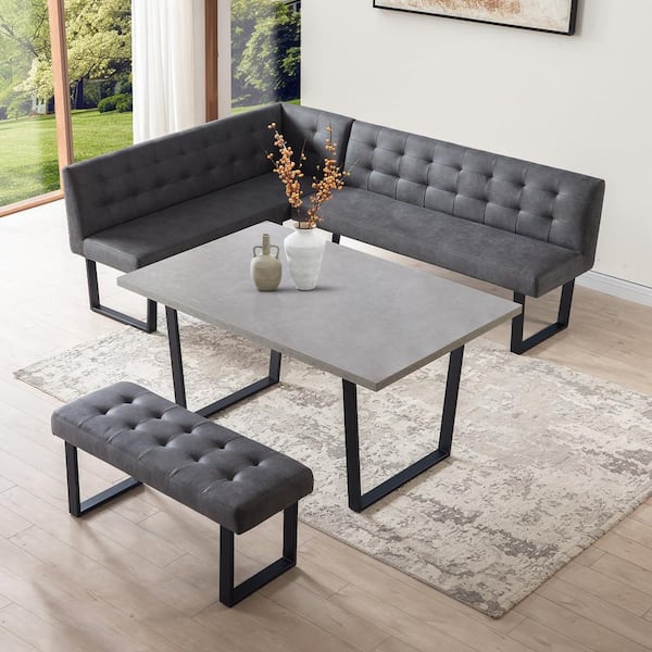 3-Piece Gray Dining Table Set 47.2 in. Rectangle Table with R-shaped Corner Bench（Dark Grey）