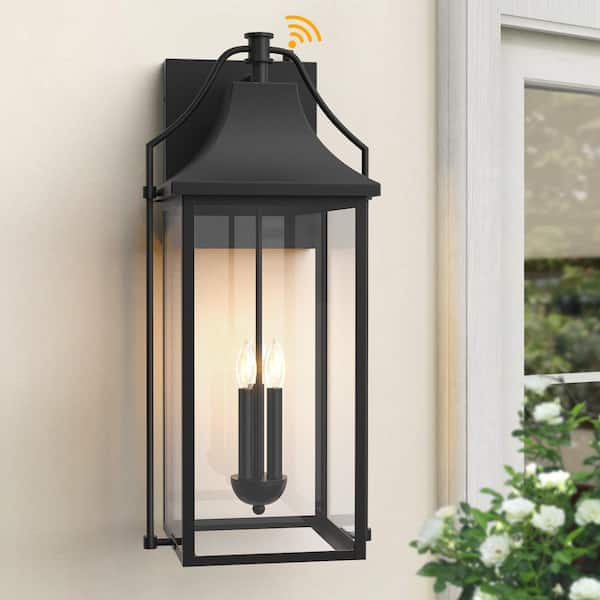 Hawaii 25 in. H 3-Bulb Black Hardwired Outdoor Wall Lantern Sconce with Dusk to Dawn