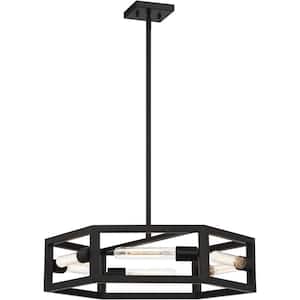 23.6 in. Farmhouse 6-Light Black Lantern Drum Chandelier Hexagon Industrial Chandelier with Metal Frame for Dining Room