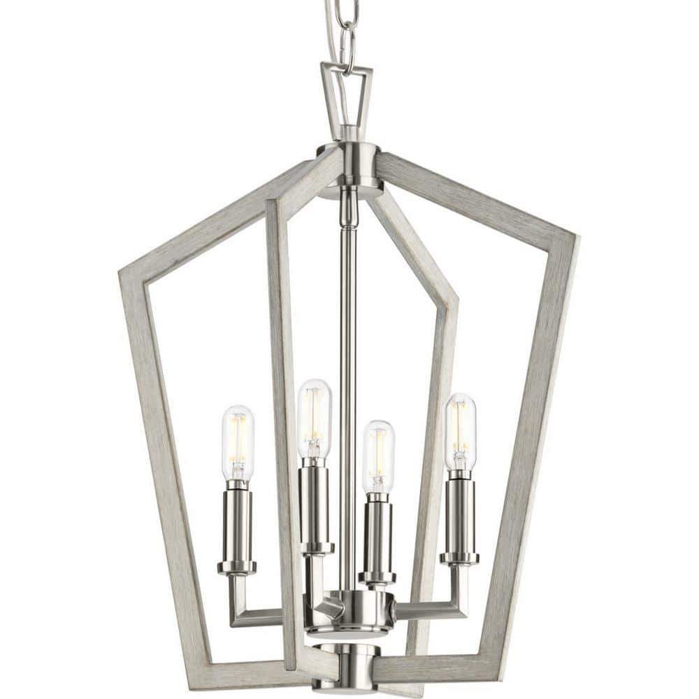 Progress Lighting Galloway 4-Light 18 in. Brushed Nickel Modern Farmhouse Foyer Light with Grey Washed Oak Accents