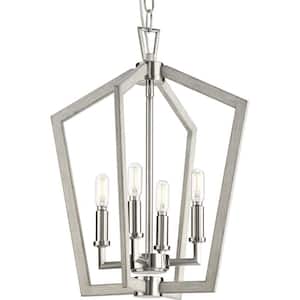 Galloway 4-Light 18 in. Brushed Nickel Modern Farmhouse Foyer Light with Grey Washed Oak Accents