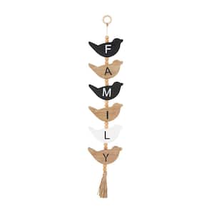 Wood Brown Handmade Family Sign Bird Wall Art Decor with Tassel and Bead Accents