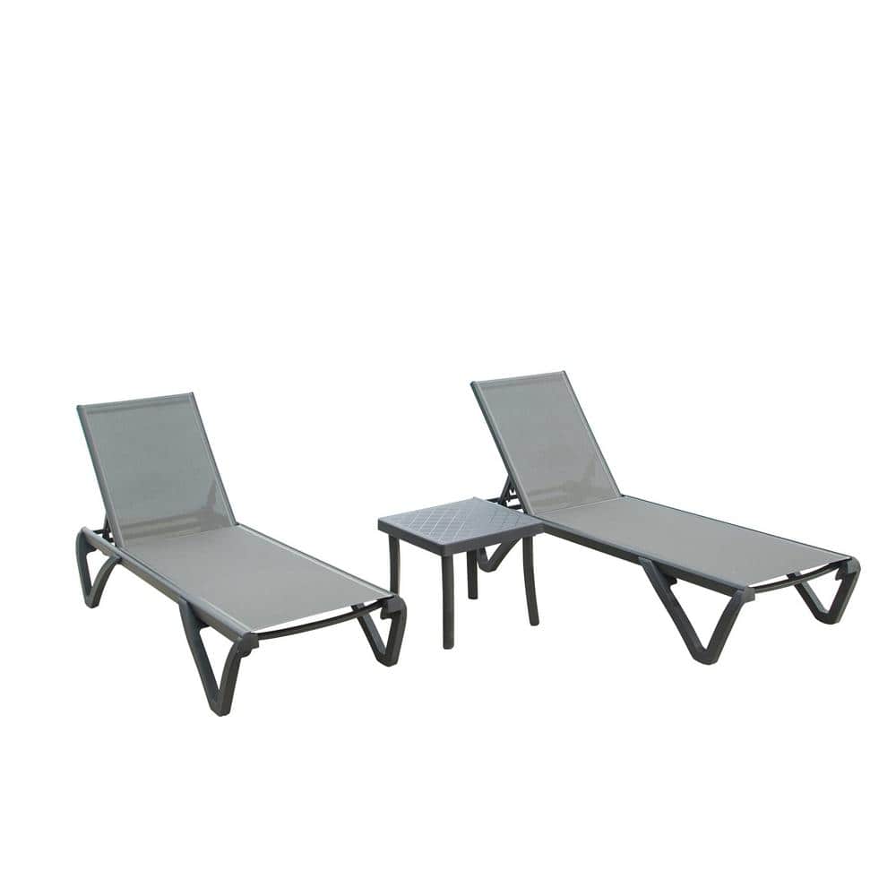 Grey Aluminum Polypropylene Set of 3-Adjustable Outdoor Chaise Lounge with 