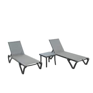 Grey Aluminum Polypropylene Set of 3-Adjustable Outdoor Chaise Lounge with Side Table for Beach, Yard, Balcony, Poolside